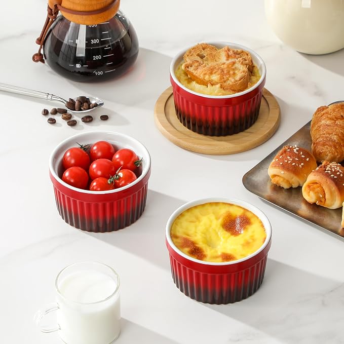 MALACASA Ramekins 8 oz Oven Safe, Large Ceramic Souffle Dishes for Baking & Serving, Stoneware Custard Cups Ramekin for Creme Brulee, Baking Bowls Set of 6, Red, Series RAMEKIN-DISH