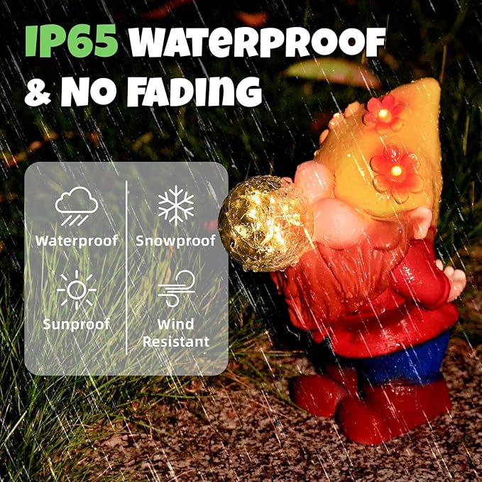 Solar Garden Statues Lights, 8.5" Christmas Outdoor Gnome Figurine with Auto On/Off for Yard Patio Decor, Gifts for Women, Grandma, Mom, Housewarming (Bubble Bliss Gnome)