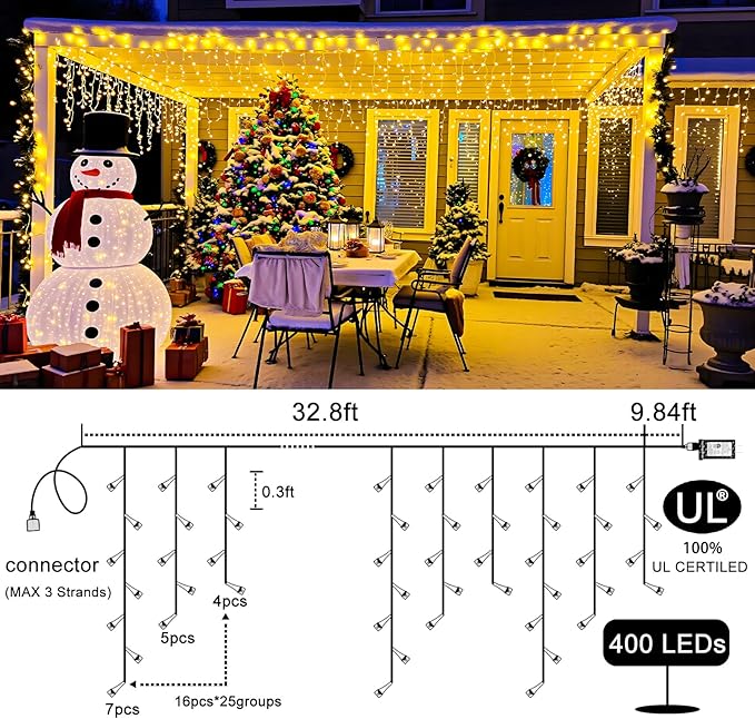 Icicle Lights for Outside 33ft 400 LED Icicle Christmas Lights Outdoor 8 Modes with 75 Drops, Plug in Christmas Light for House Party Holiday Fence Xmas Outside Indoor Decorations, Warm White