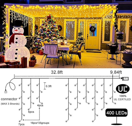 Icicle Lights for Outside 33ft 400 LED Icicle Christmas Lights Outdoor 8 Modes with 75 Drops, Plug in Christmas Light for House Party Holiday Fence Xmas Outside Indoor Decorations, Warm White