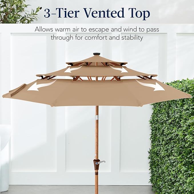 Best Choice Products 10ft 3-Tier Solar Patio Market Umbrella, Outdoor Sun Shade for Backyard, Deck, Poolside, Table w/Woodgrain Pattern, LED Lights, Tilt Adjustment - Tan