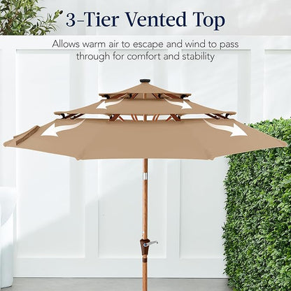 Best Choice Products 10ft 3-Tier Solar Patio Market Umbrella, Outdoor Sun Shade for Backyard, Deck, Poolside, Table w/Woodgrain Pattern, LED Lights, Tilt Adjustment - Tan