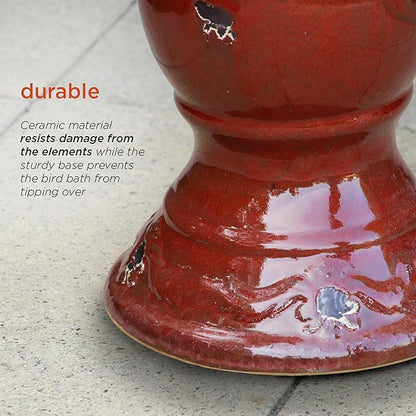 Alpine Corporation 25" Tall Outdoor Antique Ceramic Birdbath with 2 Bird Figurines - Vintage Style Garden Bird Bath Bowl for Patio, Yard, Lawn Decor, Red