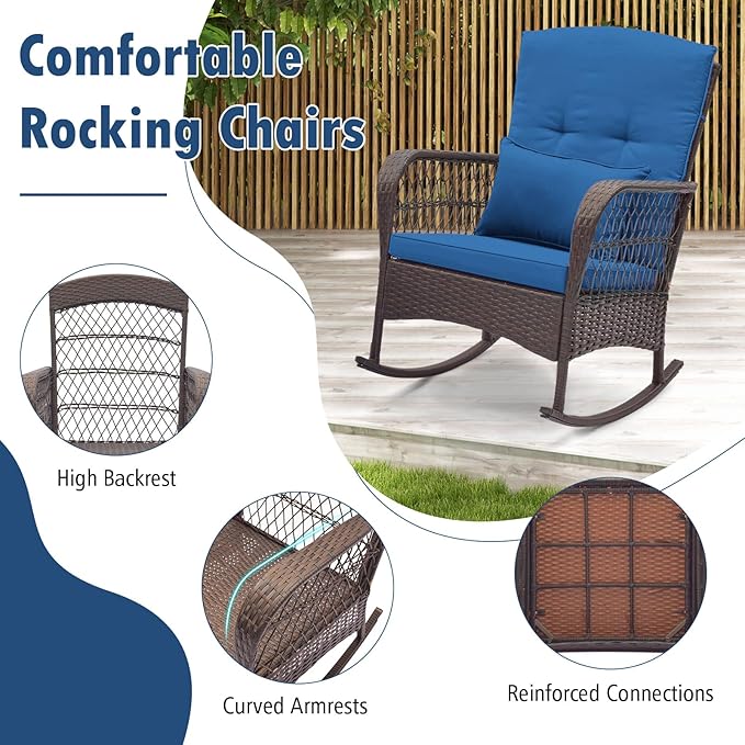 HAPPYGRILL 3 Pieces PE Rattan Rocking Bistro Set, Rocking Chairs with 2-Tier Coffee Table, Thick Pillows and Cushions, Outdoor Conversation Set for Porch, Garden and Poolside, (Navy)