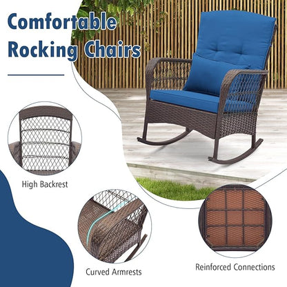 HAPPYGRILL 3 Pieces PE Rattan Rocking Bistro Set, Rocking Chairs with 2-Tier Coffee Table, Thick Pillows and Cushions, Outdoor Conversation Set for Porch, Garden and Poolside, (Navy)