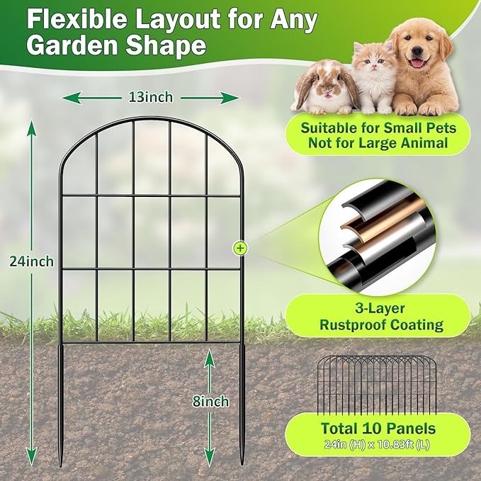 24in (H) x 11ft (L) Decorative Garden Fence Panels 10 Pack No Dig Fencing, Rustproof Metal Wire Garden Fence Border, Small Animal Barrier Fence for Dog