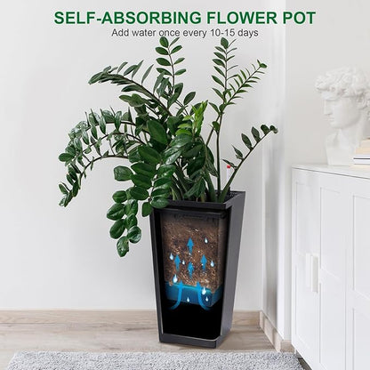 2 Pack Tall Self-Watering Planter Pots with Water Level Indicator, 12"l x 12"w x 22.5"h, Modern Flower Pots with Inner Bucket Handles and Water Injection Port for Indoor Outdoor Plants, Black