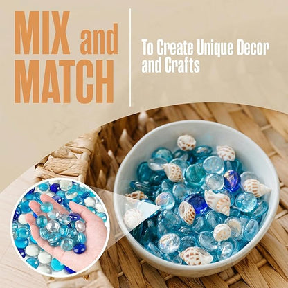 Houseables Glass Beads for Vases, Marbles for Vases, Glass Marbles, Blue & Clear Beads, Flat, Blue & Clear Gems, Filler, Crafts, Pebbles, Stones, Decorative Rocks, Plants, Flower, Fishbowl, 5LB, 500PC