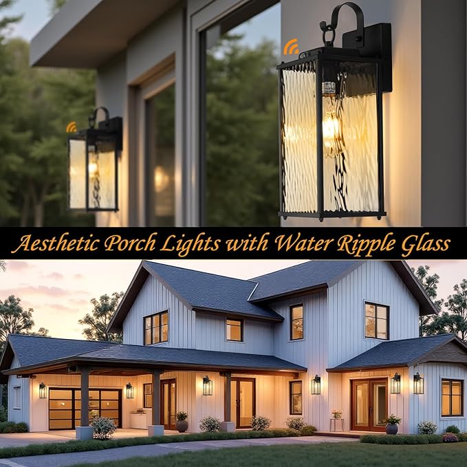 2-Pack Dusk to Dawn Outdoor Lighting with Water Ripple Glass, IP65 Waterproof Matte Black Front Porch Lights Photocell Sensor Exterior Light Fixtures Outdoor Wall Sconces Coach Lights