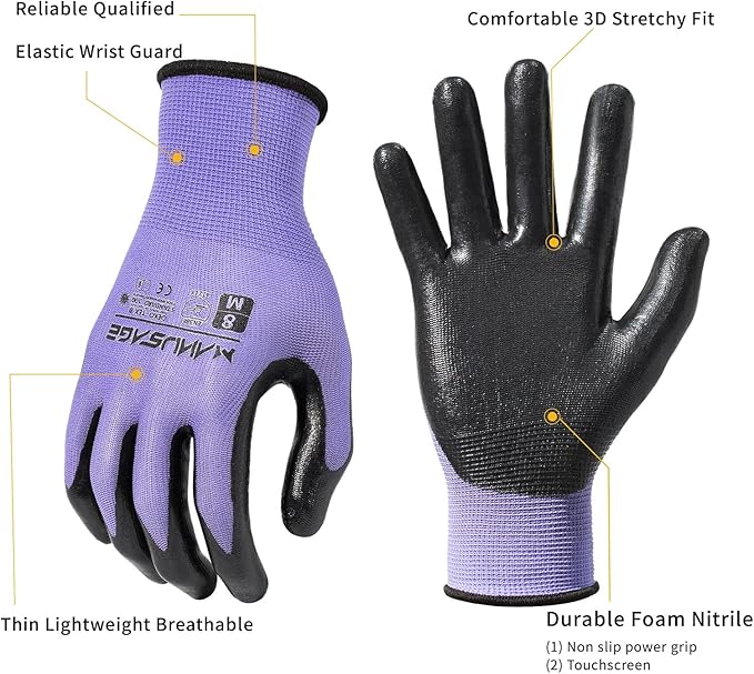 Safety Work Gloves Nitrile For Men and Women, with Touchscreen Fingers, Men's Work Gloves with Grip, Mechanics Gloves (Size XL, Purple, 12-pairs)