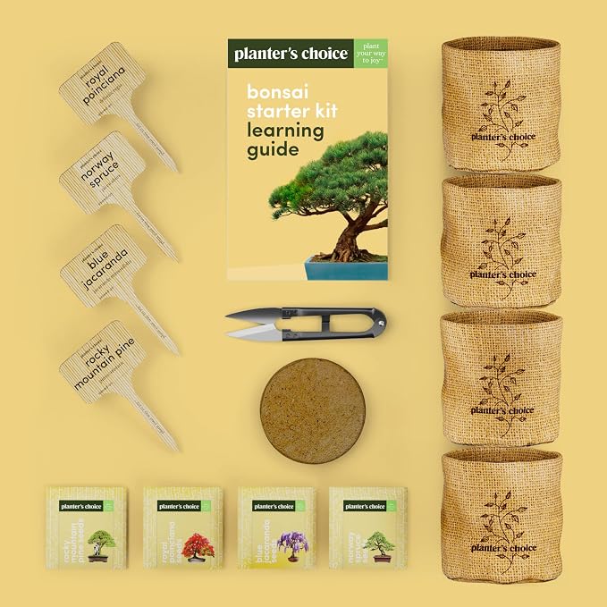 Planter's Choice Bonsai Tree Kit for Beginners & Plant Lovers - Grow Your Own Bonsai from Seed, 4 Species Starter Kit with Burlap Pots, Shears, Soil Disc, Markers & Guide, Gift for Mom or Grandma