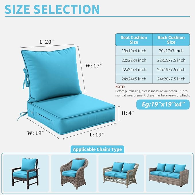 Premium Outdoor Seat Cushion Chair Cushions for Patio Furniture 19 L X 19 W X 4 H Waterproof & Fade Resistant Deep Seat and Backrest Cushion Set with Removable Covers for Chair, Sofa