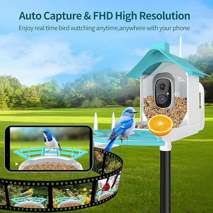 Bird Feeder with Camera, Smart Bird Feeder Camera with AI Identify Instant Notifications, FHD Live View,Birds Watching Camera with Solar Panel in Backyard, Ideal Gift for Family and Birds Lover,Blue