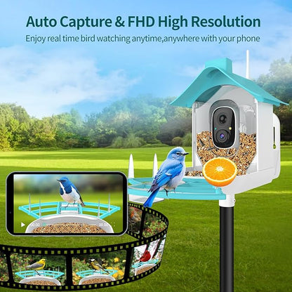 Bird Feeder with Camera, Smart Bird Feeder Camera with AI Identify Instant Notifications, FHD Live View,Birds Watching Camera with Solar Panel in Backyard, Ideal Gift for Family and Birds Lover,Blue