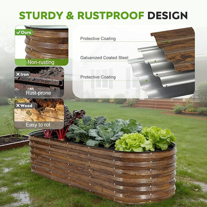 ZORMY Galvanized Raised Garden Bed Outdoor- 2PCS 6x2x1.4ft Oval Steel Raised Beds for Gardening, Metal Planter Box with Protective Strip and Gloves for Vegetables, Flowers, Fruits(Brown)