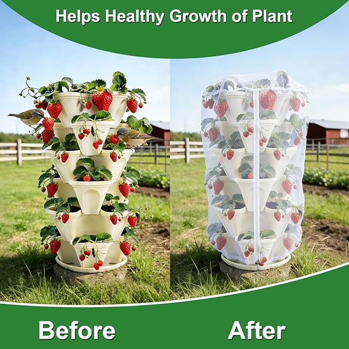 3Pack 41" x 20" Vertical Strawberry Pot Netting, Plant Pot Insect Netting with Zipper & Drawstring, Stackable Bird Barrier Planter Pot Garden Net Round Cover for Strawberry Fruit Vegetable from Animal