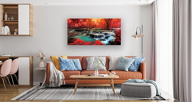 Muolunna BK03950 Wall Art Decor Canvas Print Picture Red Forest Waterfalls 1 Piece Modern Landscape Tree for Living Room Bedroom Kitchen Office Home Decorations Stretched and Framed Ready to Hang