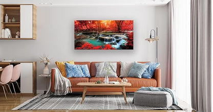 Muolunna BK03950 Wall Art Decor Canvas Print Picture Red Forest Waterfalls 1 Piece Modern Landscape Tree for Living Room Bedroom Kitchen Office Home Decorations Stretched and Framed Ready to Hang