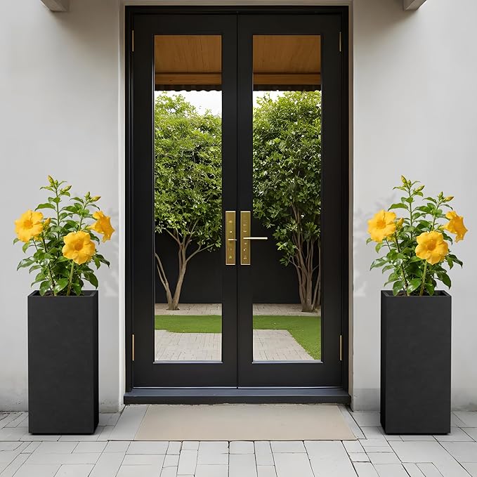 Kante 23.6" H Tall Rectangular Concrete Planter, Modern Square Diameter Plant Pot with Drainage Hole and Rubber Plug for Indoor Outdoor Home Patio Garden, Black