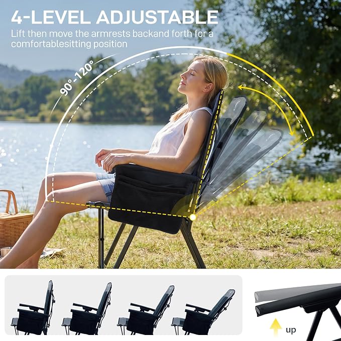 EVER ADVANCED 4-Level Adjustable Back Reclining Camping Chairs, Lightweight Heavy Duty Folding Recliner, Portable Lounge Lawn Chairs for Adults, 350lbs Weight Capacity, Black