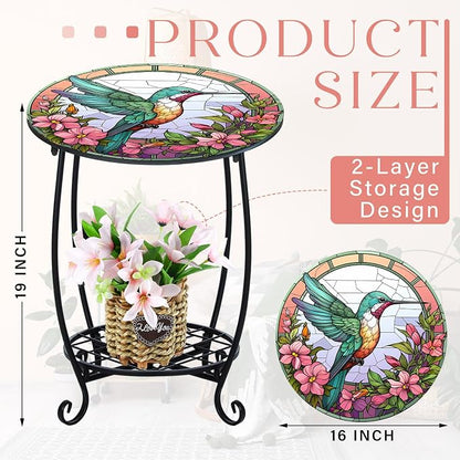 Cinnvoice Outdoor Side Table Round Small Mosaic Patio Accent Indoor End Plant Coffee Tea Table for Yard Patio Porch Garden Living Room, Bedroom(Hummingbird Style,16 Inch)