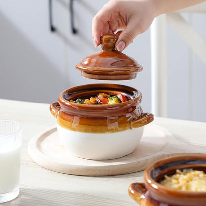 LOVECASA 22 OZ French Onion Soup Bowls with Lid, Porcelain Soup Crocks with Handles,Oven Safe Serving Bowls for Soup, Beef Stew, Cereal, Pot Pies, lasagna,Chilli,Set of 4