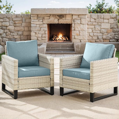 Rilyson Wicker Outdoor Patio Chairs Set of 2-2 Piece Rattan Chairs with Waterproof Wicker,Comfortable Cushions and Sturdy Metal Frame for Outside Porch Deck Backyard(Light Grey/Sky Blue)