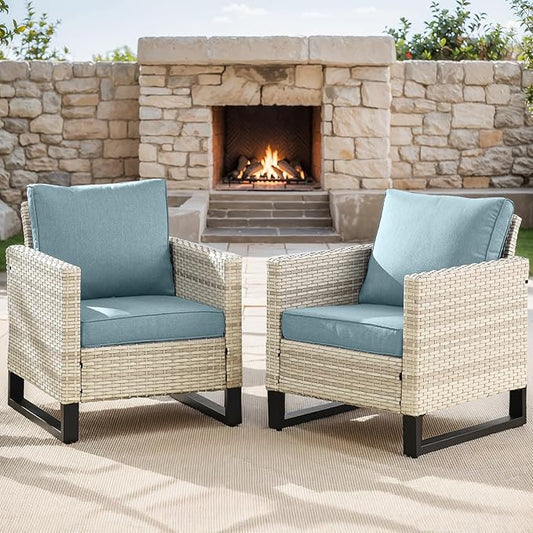 Rilyson Wicker Outdoor Patio Chairs Set of 2-2 Piece Rattan Chairs with Waterproof Wicker,Comfortable Cushions and Sturdy Metal Frame for Outside Porch Deck Backyard(Light Grey/Sky Blue)