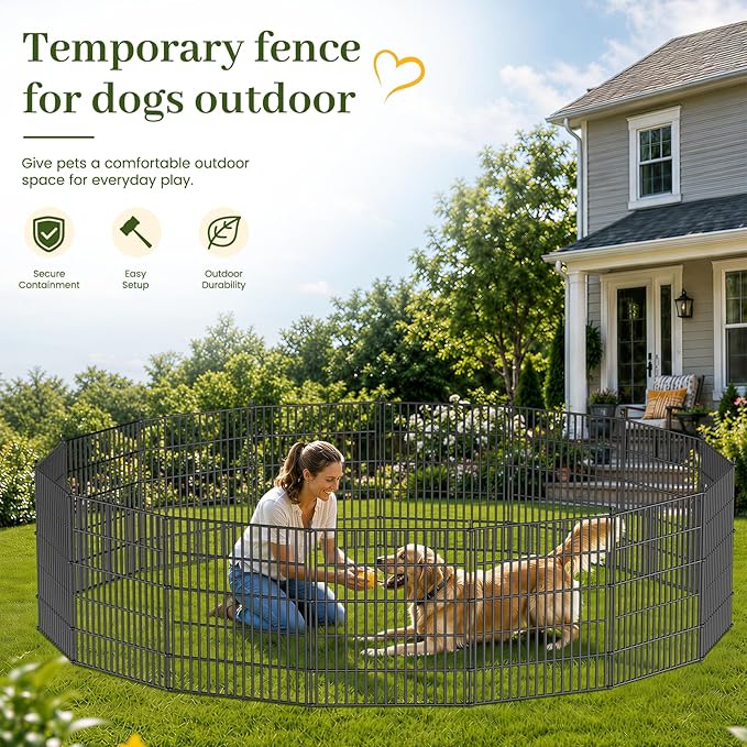 10 Panels No Dig Decorative Outdoor Garden Fence with Gate for Yard, 32 in(H) X 23.6 ft(L) Animal Barrier Fencing Rustproof Metal Wire Panel Border for Dog, Rabbits, and Patio Temporary Ground Stakes