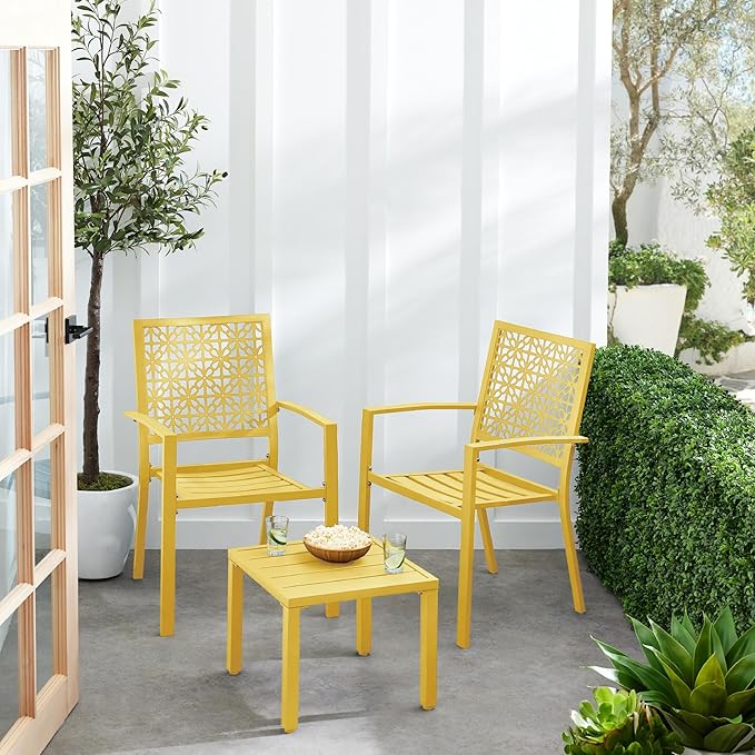 Best Choice Products 3-Piece Outdoor Bistro Set, Stackable Modern Steel Furniture for Porch, Garden w/ 2 Chairs, Table, Geometric Decor - Yellow