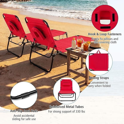 GYMAX Tanning Chair, Folding Lounge Chairs with Face Hole & Cover, Removable Pillow Carry Handle, Portable Compact Outdoor Layout Recliner for Beach, Poolside, Lawn, Patio, Camping (Red,1)