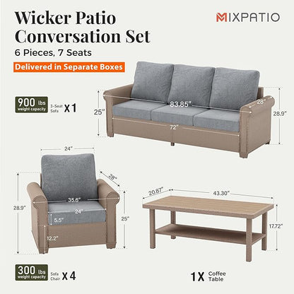 Patio Furniture Set 6 pcs, Wicker Outdoor Patio Furniture, 3-Seat Sofa, 4 Single Chairs and Coffee Table, Rattan Patio Conversation Set for Backyard Deck, Grey