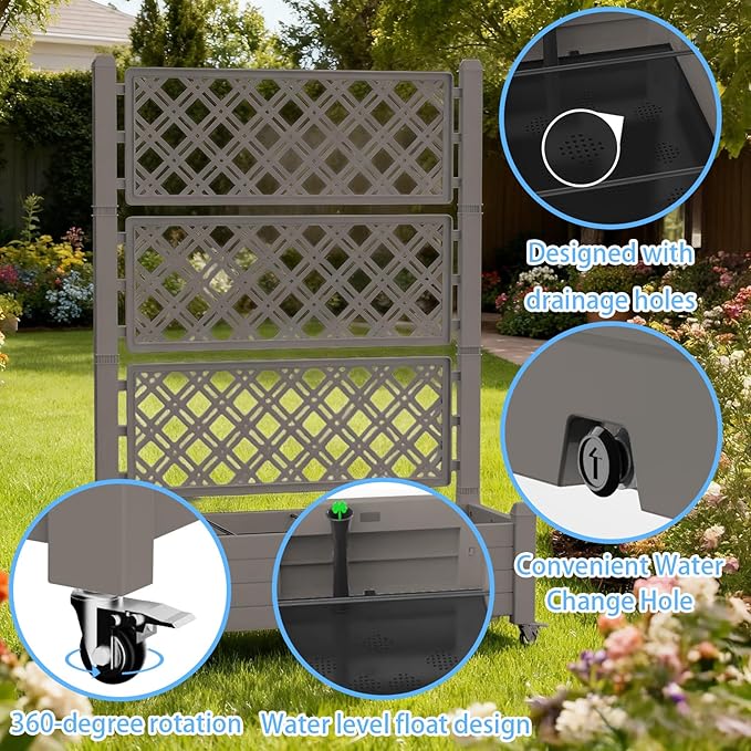Vixzen 64" Tall Raised Garden Bed,Outdoor Large Resin Planter Box with Trellis and Drain Plug for Climbing Plants,Easy to Assemble,Water Monitor,Mobility(Light Brown, 43.43"×18.27"×64.29")