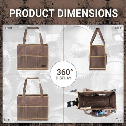 Heavy-Duty Waxed Canvas Tool Pouch - 14-Pocket Garden Tool Organizer with Removable Handle | Multi-Compartment Storage Bag for Tools (14.5" x 11" x 6.5", Grey)