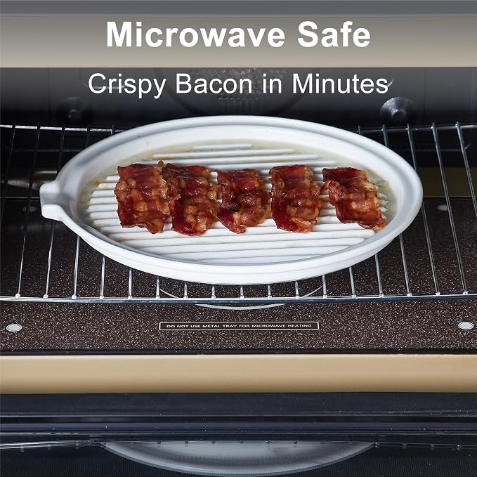 ONEMORE Microwave Bacon Tray with Lid Ceramic Bacon Cooker Meat Rack for Oven Cooking Crispy Bacon Maker with Cover - 11 inch Round Bacon Dish Plate, White