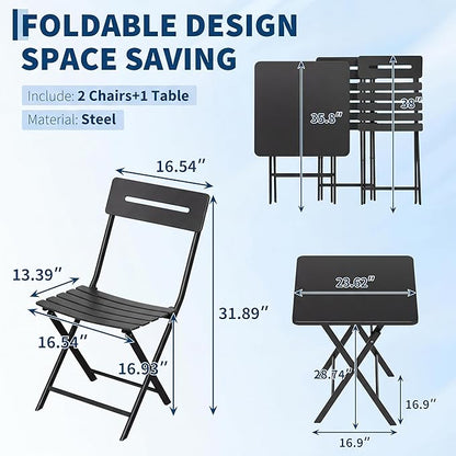 GarveeTech 3-Piece Folding Bistro Set, Heavy Duty Outdoor Patio Furniture with 2 Chairs & 1 Table, Weather-Resistant Steel Frame, No Assembly Required for Garden, Yard, Balcony,Black