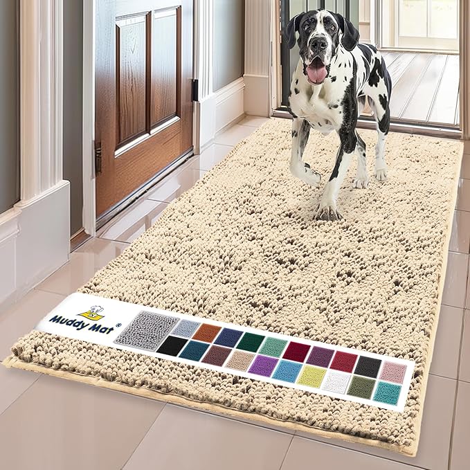Muddy Mat® | Super Water Absorbent Door Mat Indoor, Microfiber Quick Dry Chenille Entryway Rug, Slip Resistant Front Door Mat, Indoor Mats for Entryway, Machine Washable Pet Rug, Beige 36"x72"