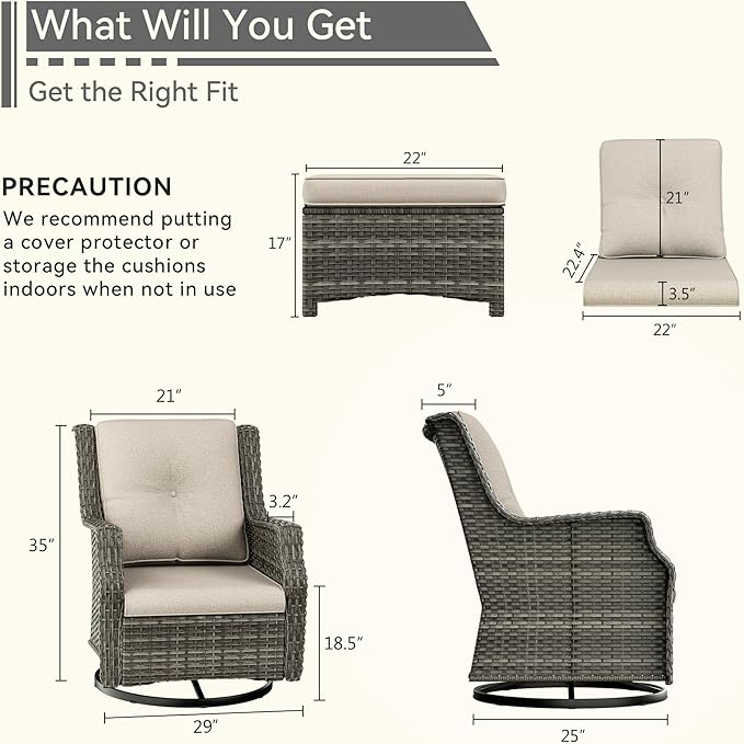 4 Piece Patio Furniture Set, 2 Swivel Glider Chairs and 2 Ottomans PE Wicker Footstool, Outdoors Rattan Conversation Set with Deep Seating and Olefin Cushions, for Backyard, Garden, Beige