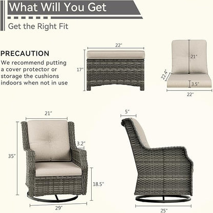4 Piece Patio Furniture Set, 2 Swivel Glider Chairs and 2 Ottomans PE Wicker Footstool, Outdoors Rattan Conversation Set with Deep Seating and Olefin Cushions, for Backyard, Garden, Beige