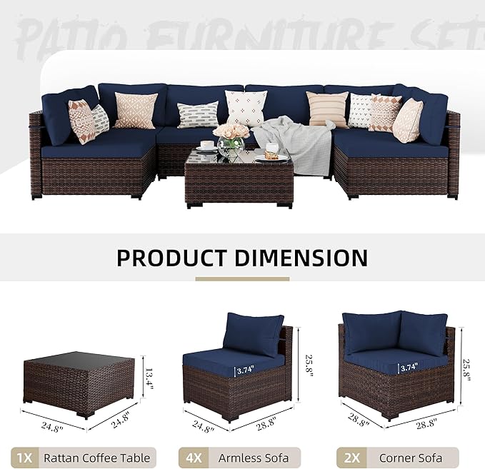UPHA 7 Pieces Patio Furniture Sets Outdoor Sectional Sofa Wicker Conversation Couch for Decks, Backyards, Gardens, Brown Rattan, Navyblue Cushion