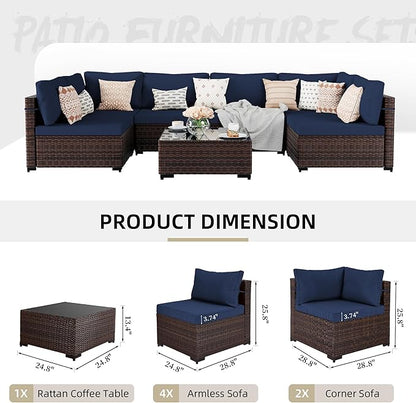 UPHA 7 Pieces Patio Furniture Sets Outdoor Sectional Sofa Wicker Conversation Couch for Decks, Backyards, Gardens, Brown Rattan, Navyblue Cushion