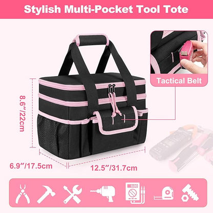Tool Tote Bag for Women, Double Layer Tool Storage Organizer Bag with Divider for Electrician, Carpenters, Repairman, Black