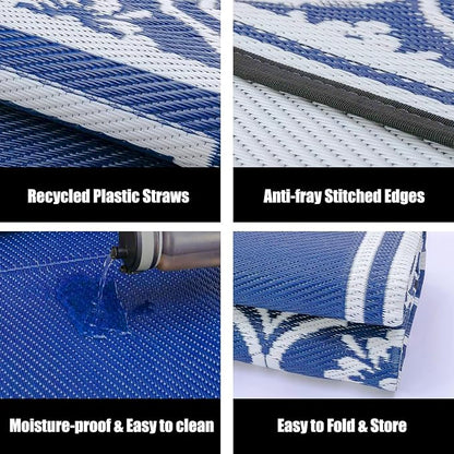 HUGEAR Plastic Outdoor Rug 6'x9' Waterproof Camping Carpet Outside Area Rug Reversible Light Blue Rugs for RV Deck Entryance Porch Picnic Balcony Beach