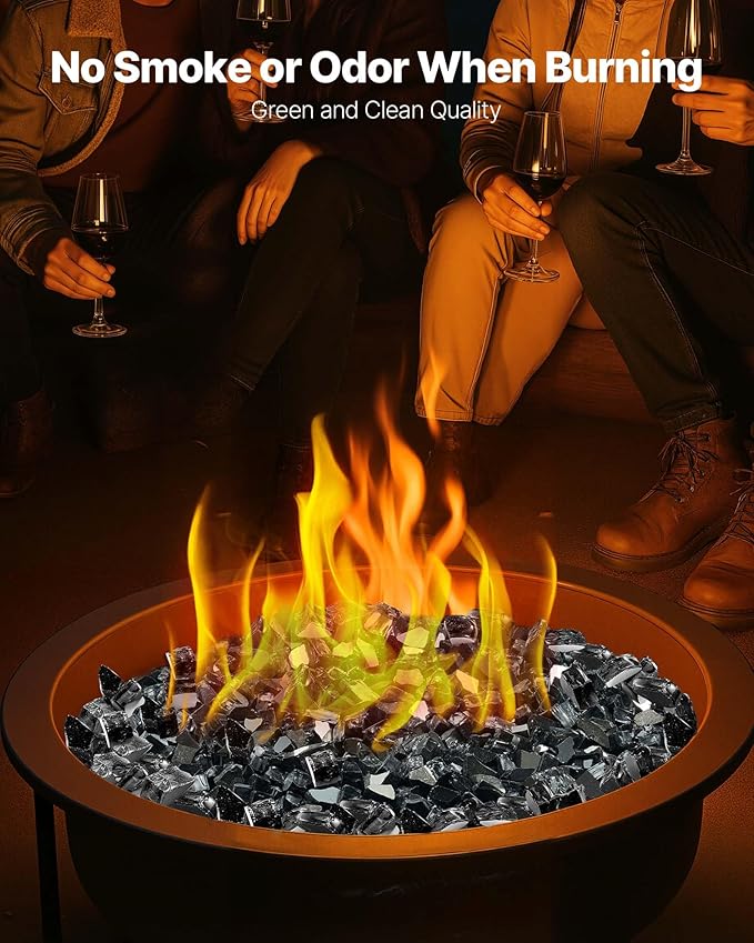 VEVOR Fire Glass, 20 LBS / 9.0 KG High-Temperature Resistant Fireplace Rocks, 1/2-Inch / 12.7 mm Reflective & Smokeless Firepit Glass Rock, High Luster Stone Landscaping for Fire Pit Table, Black