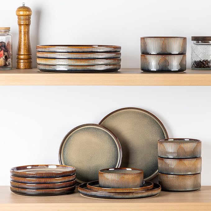 TheTerra Ceramic Dinnerware Sets for 6, 18 Pieces Porcelain Lightweight Plates and Bowls Sets, Scratch Resistant Dish Set, Oven & Microwave & Dishwasher Safe, Coca Mocha