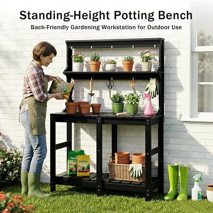 Outdoor Potting Bench with 3 Tier, All-Weather Patio Potting Table with Tool Hooks, HDPE Gardening Table for Backyard, Garden, Black