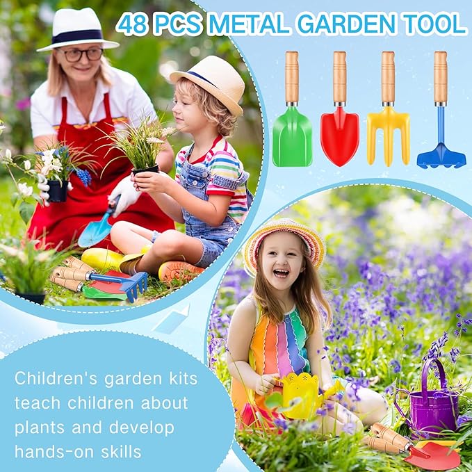 8" Kids Gardening Tools, Metal Beach Sandbox Digging Toys with Wooden Handle, Including Shovel, Rake, Fork and Trowel, Garden Sand Snow Tools for Children Gift Outdoor Gardening(100 Pcs)
