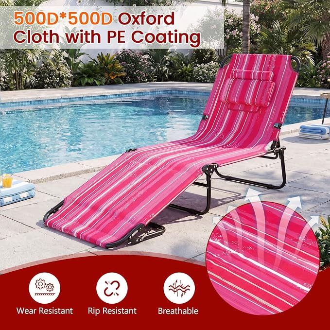 Giantex Tanning Chair, 350lbs Adjustable Patio Lounge Chair w/Face Hole, Removable Pillows, Carry Strap, Folding, Outdoor Chaise Lounge for Layout Beach Poolside Lawn (1, Stripe Pink)