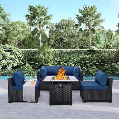 WAROOM Outdoor Patio PE Wicker 5 Piece Furniture Set, Black Rattan Sectional Conversation Sofa Chair with Square Propane Fire Pit Table, Navy Blue Cushion
