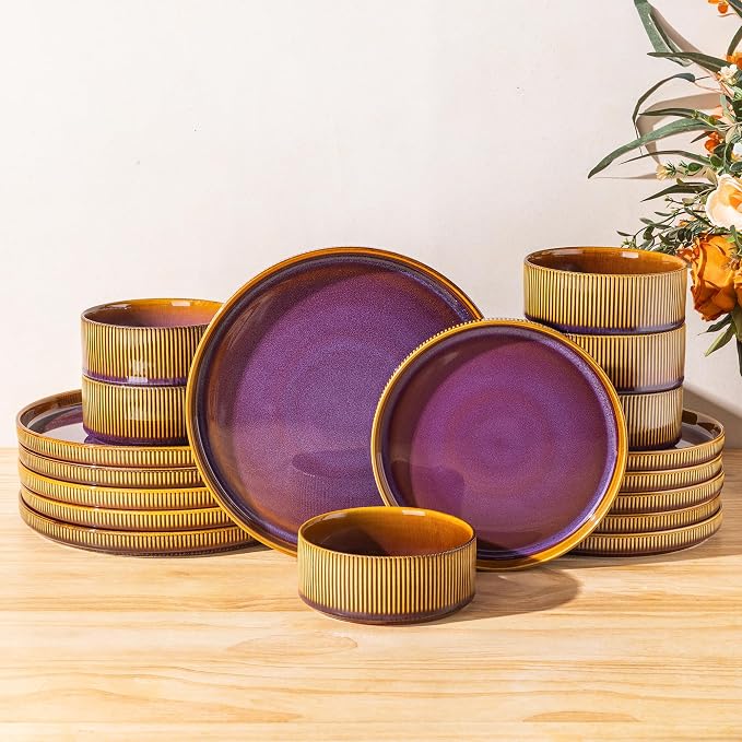 TheTerra Ceramic Dinnerware Sets for 6, 18 Pieces Porcelain Lightweight Plates and Bowls Sets, Scratch Resistant Dish Set, Oven & Microwave & Dishwasher Safe, Amber Amethyst